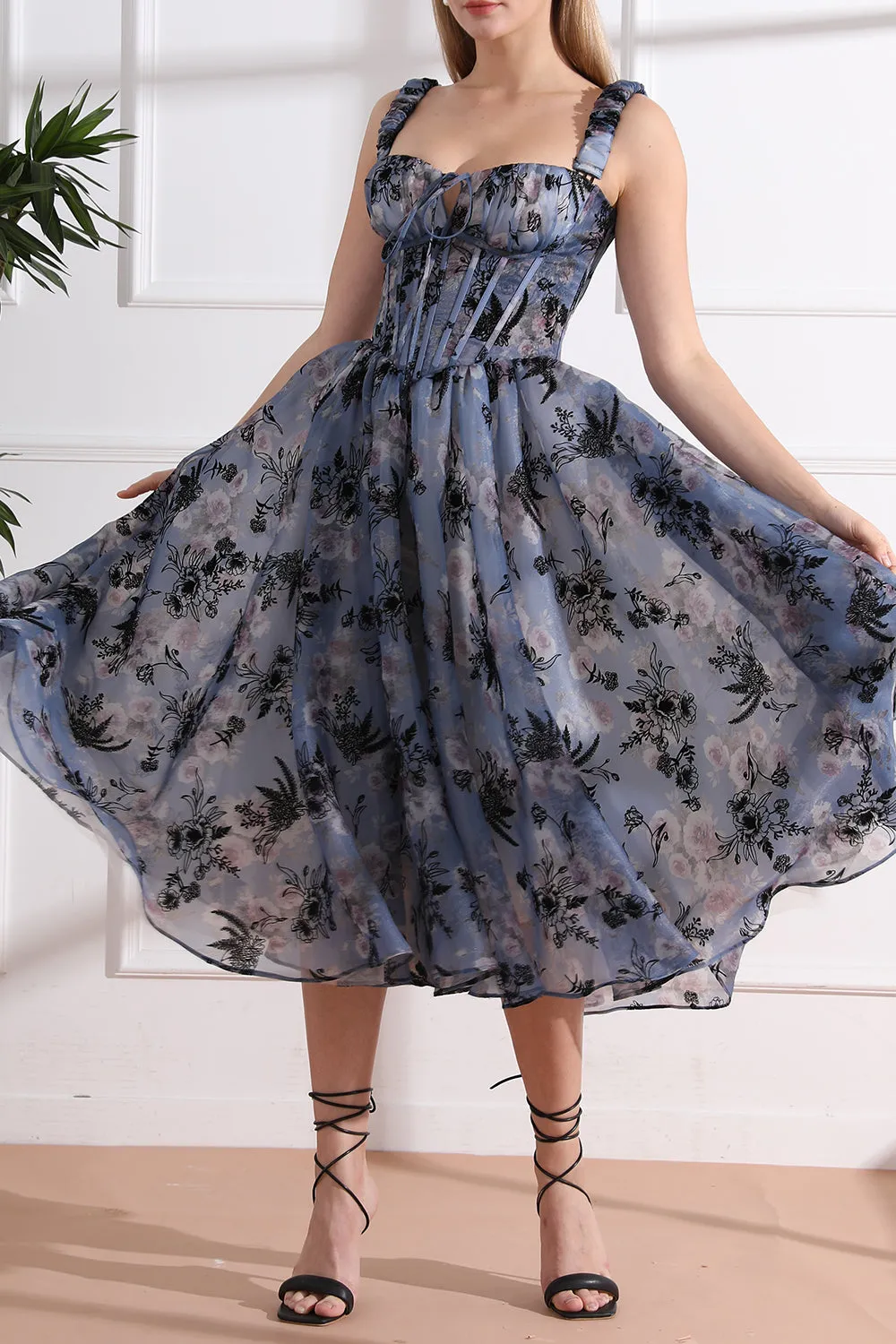 Straps Corset Floral Print Organza Midi Dress