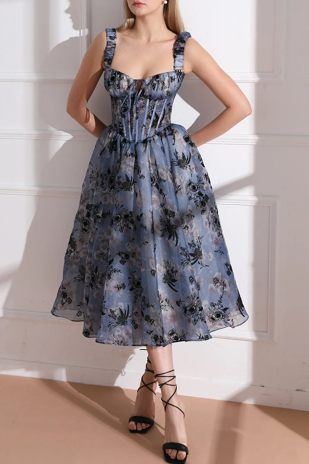 Straps Corset Floral Print Organza Midi Dress