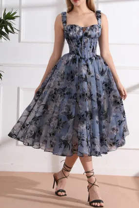 Straps Corset Floral Print Organza Midi Dress