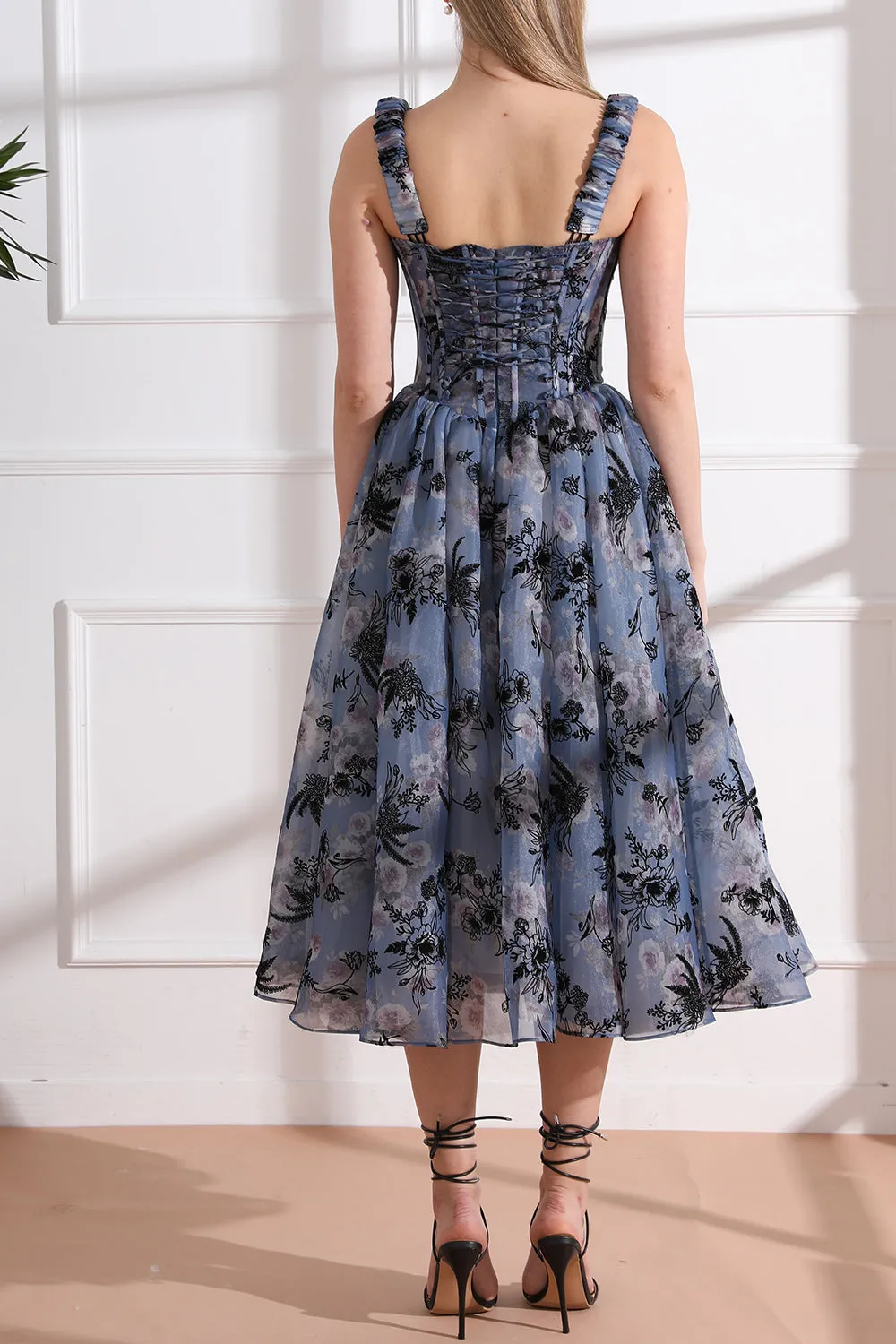 Straps Corset Floral Print Organza Midi Dress