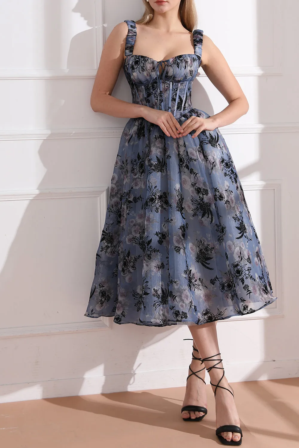 Straps Corset Floral Print Organza Midi Dress