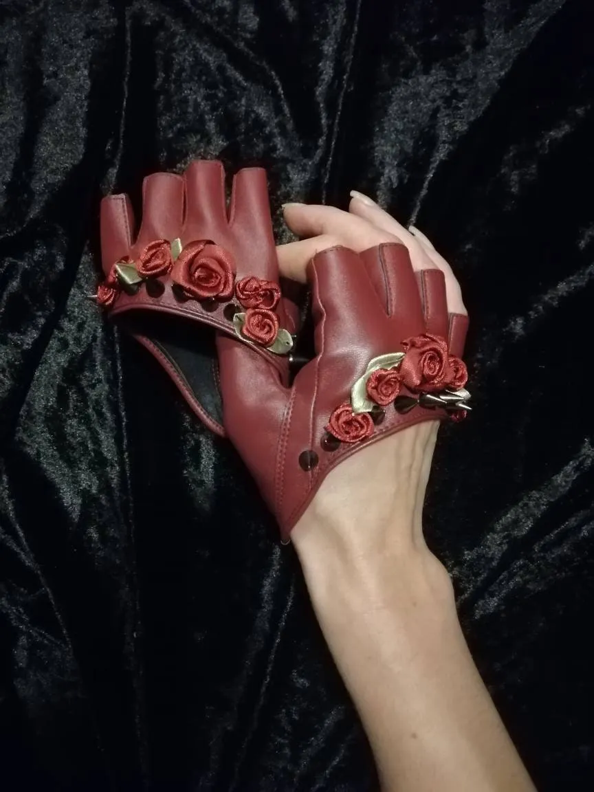 Studded Rose • Red Faux Leather Cropped Gloves • Festival Costume Mini Gloves