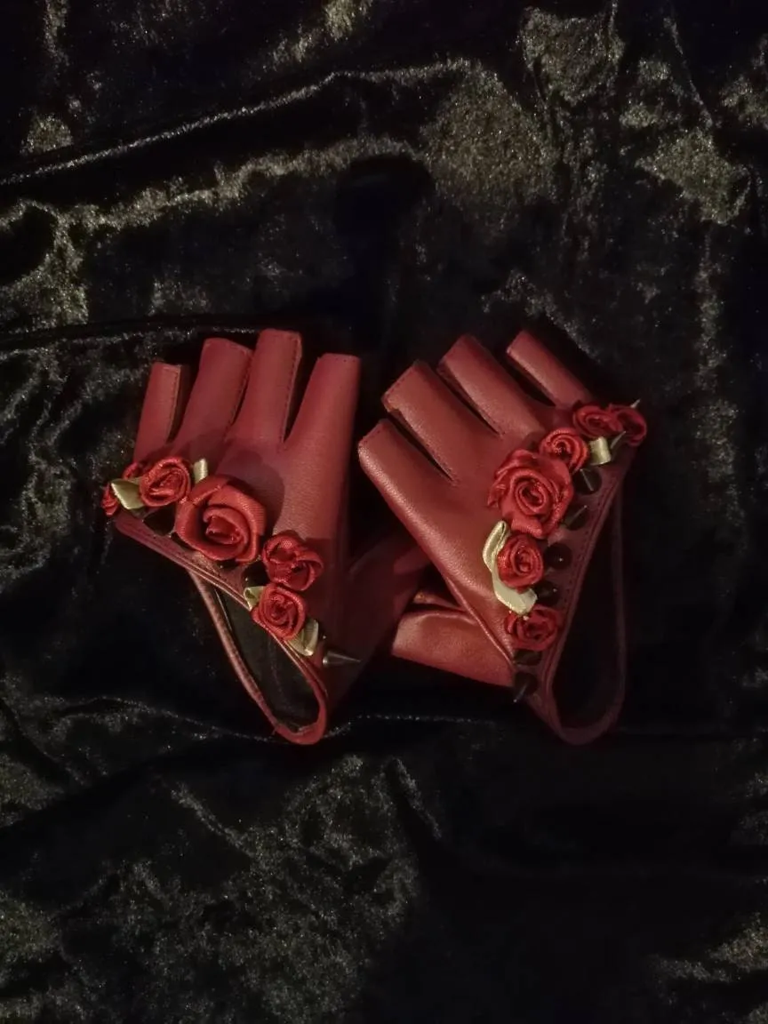 Studded Rose • Red Faux Leather Cropped Gloves • Festival Costume Mini Gloves