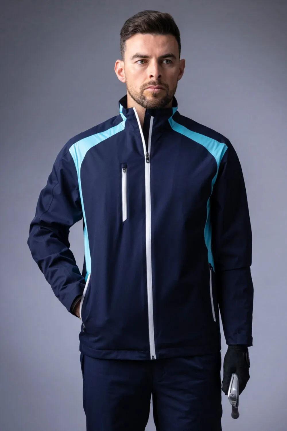 SUNDERLAND Valberg Zip Front Stretch Waterproof Golf Jacket - Mens - Navy / Aqua / White