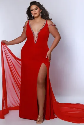 Sydneys Closet JK2420 Fitted Velvet Pageant Dress Slit Plus Size Off the Shoulder Cape Train Prom