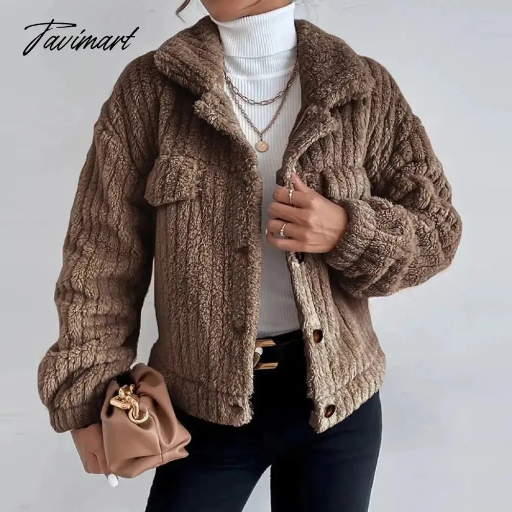 Tavimart Casual Lady Comfortable Fuzzy Jacket Winter Fashion Warm Street Plush Jackets Women Retro Slim Lapel Button Cardigan Fleece Coat