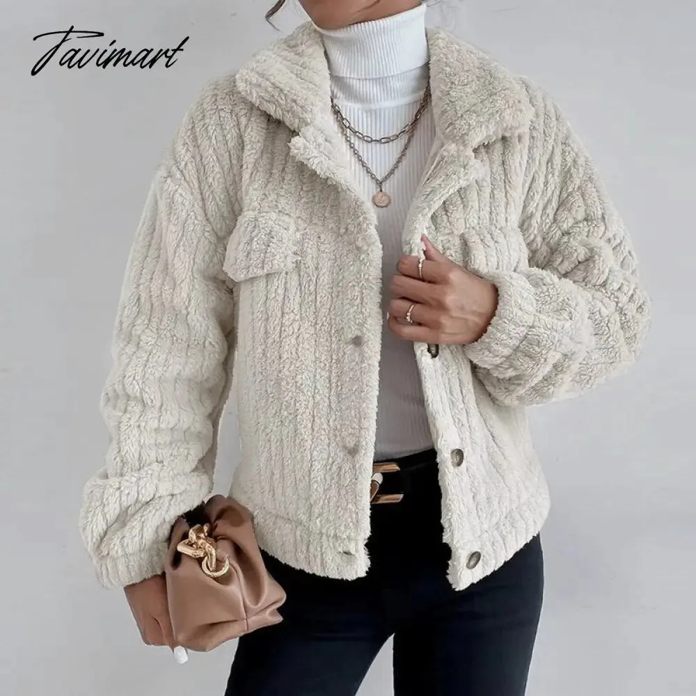 Tavimart Casual Lady Comfortable Fuzzy Jacket Winter Fashion Warm Street Plush Jackets Women Retro Slim Lapel Button Cardigan Fleece Coat