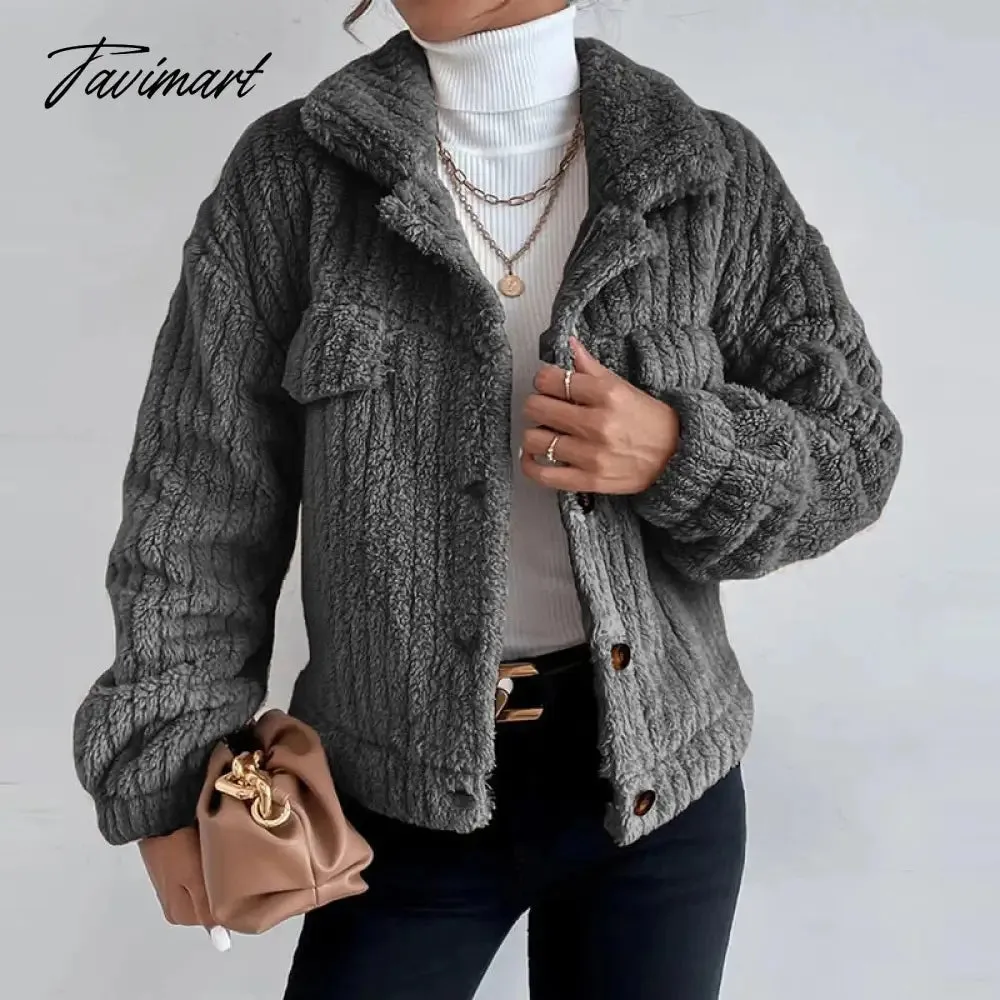 Tavimart Casual Lady Comfortable Fuzzy Jacket Winter Fashion Warm Street Plush Jackets Women Retro Slim Lapel Button Cardigan Fleece Coat