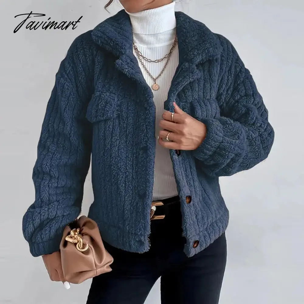 Tavimart Casual Lady Comfortable Fuzzy Jacket Winter Fashion Warm Street Plush Jackets Women Retro Slim Lapel Button Cardigan Fleece Coat