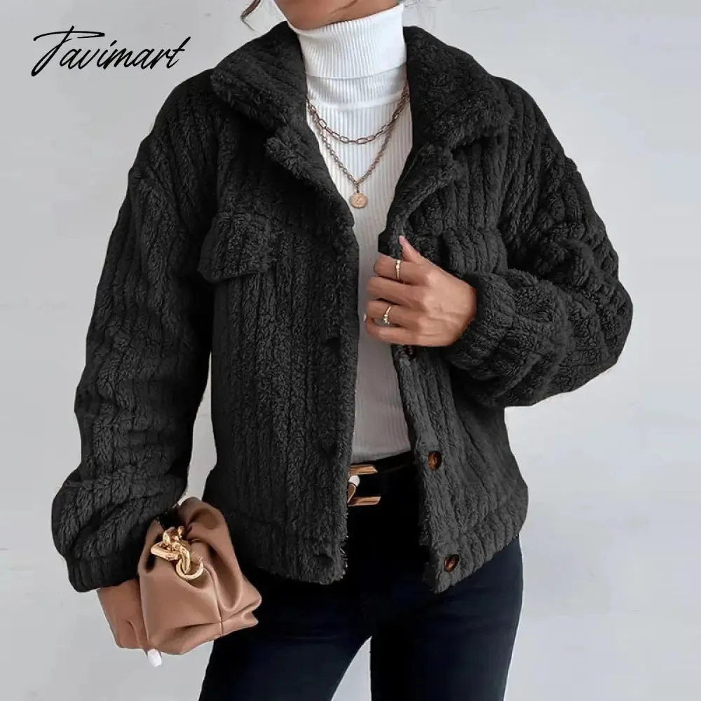 Tavimart Casual Lady Comfortable Fuzzy Jacket Winter Fashion Warm Street Plush Jackets Women Retro Slim Lapel Button Cardigan Fleece Coat