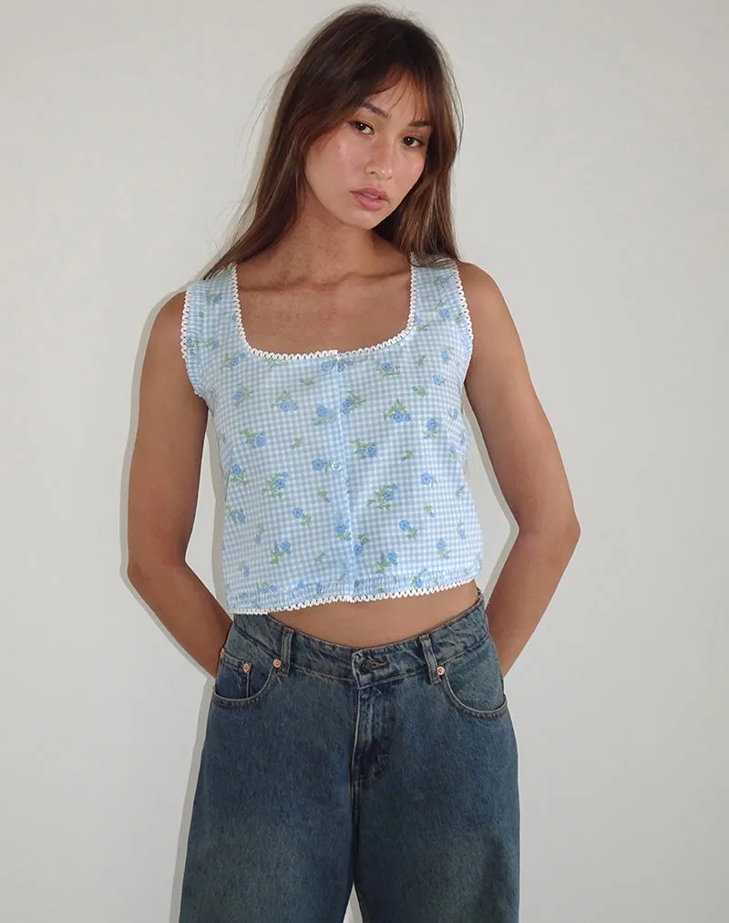 Ternya Top in Blue Flower Gingham