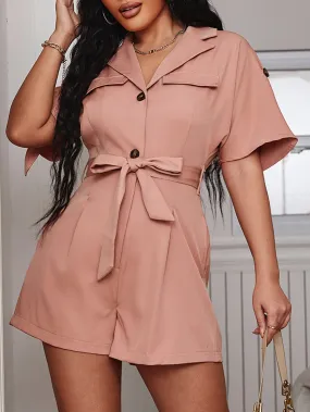 Tie-Waist Button Front Lapel Collar Romper