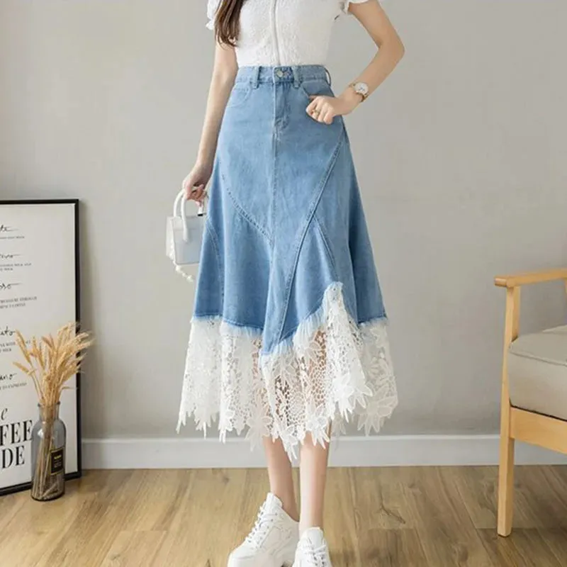 Toleet-Lace Patchwork Denim Skirt Woman Korean High Waist Blue Midi Skirts Women Summer Fashion Plus Sized 3Xl A-Line Skirt