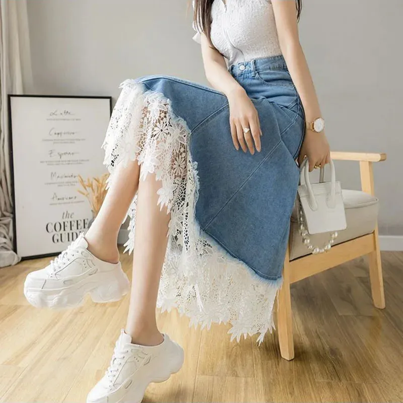 Toleet-Lace Patchwork Denim Skirt Woman Korean High Waist Blue Midi Skirts Women Summer Fashion Plus Sized 3Xl A-Line Skirt