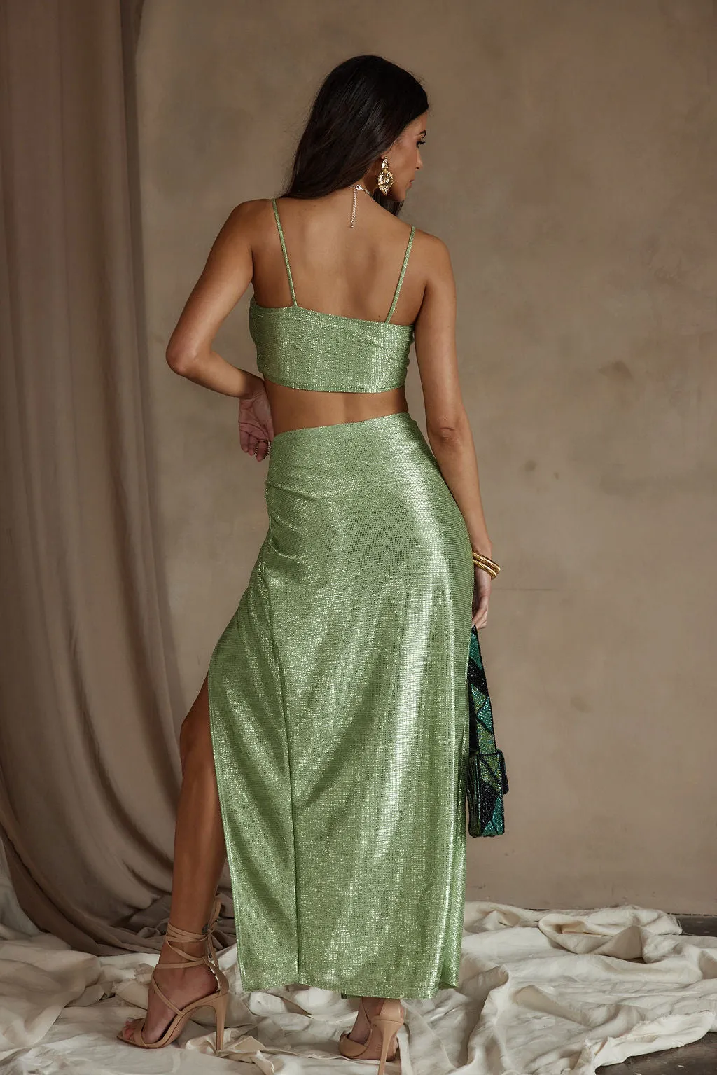 Toulouse Metallic Sage Maxi Skirt