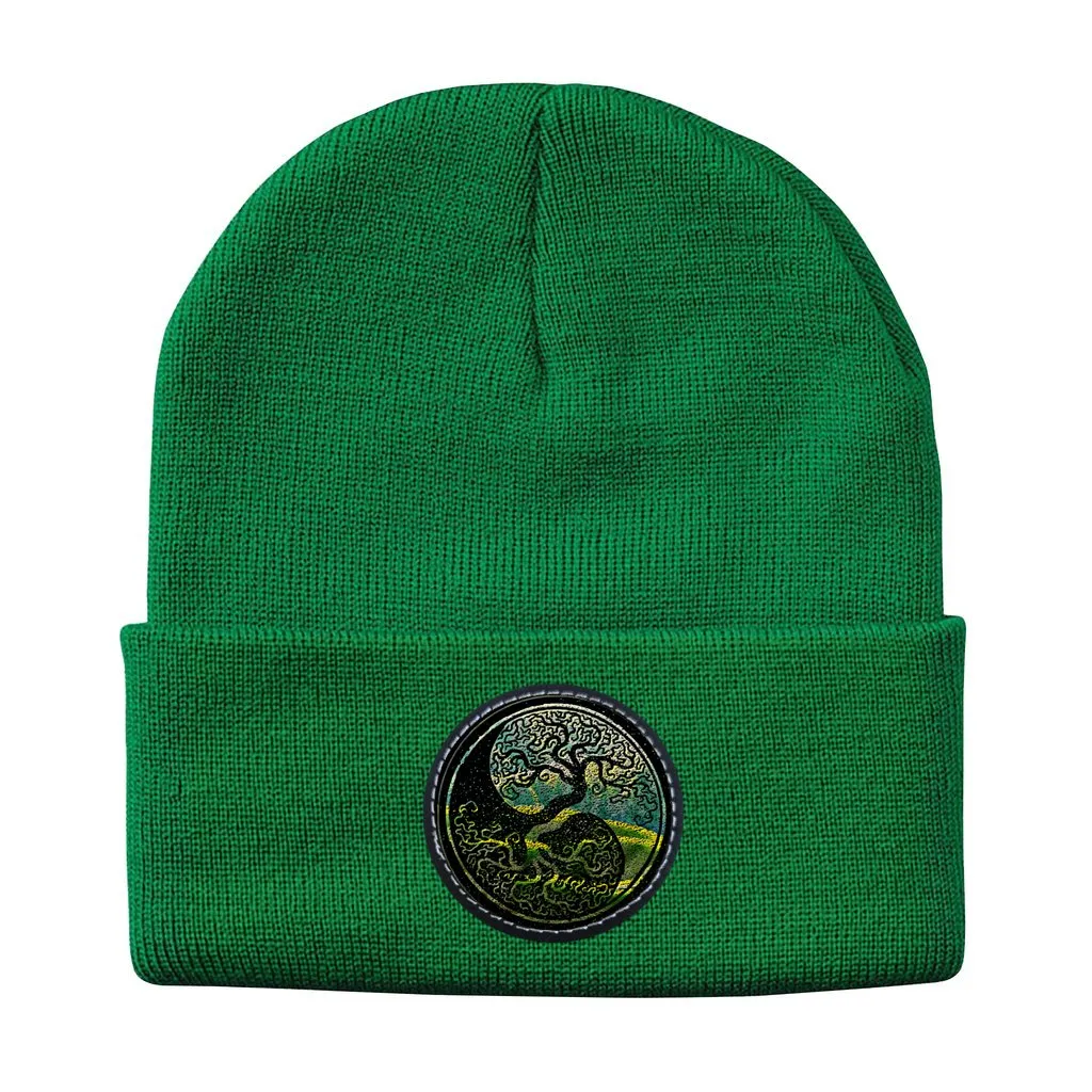 Tree of Life - As above, so below by KTJ Designer Sportsman Solid Knit Beanie with Round Leather Patch (4 colors)