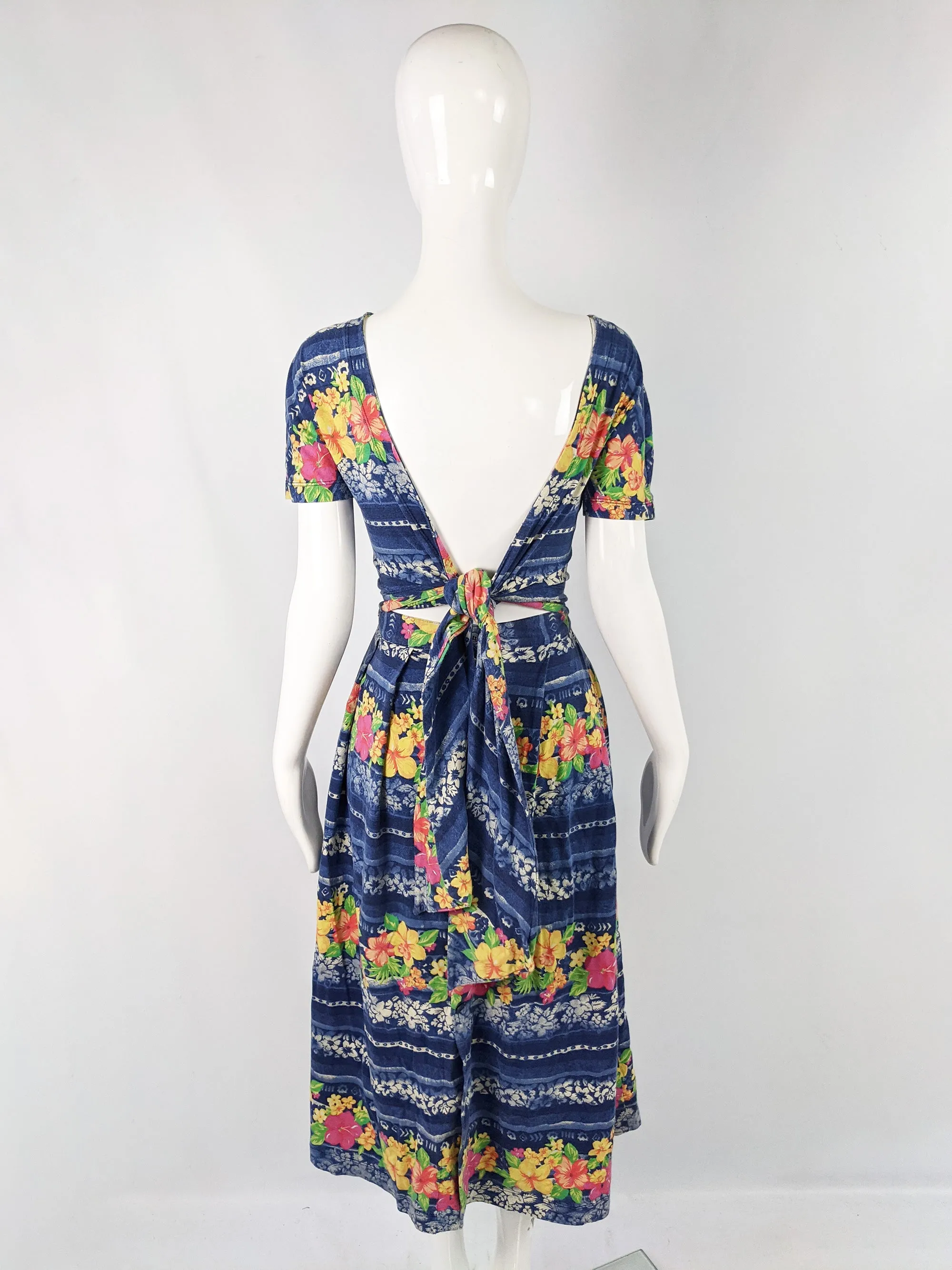 Trussardi Vintage Backless Tie Hawaiian Print Cotton Dress, 1980s