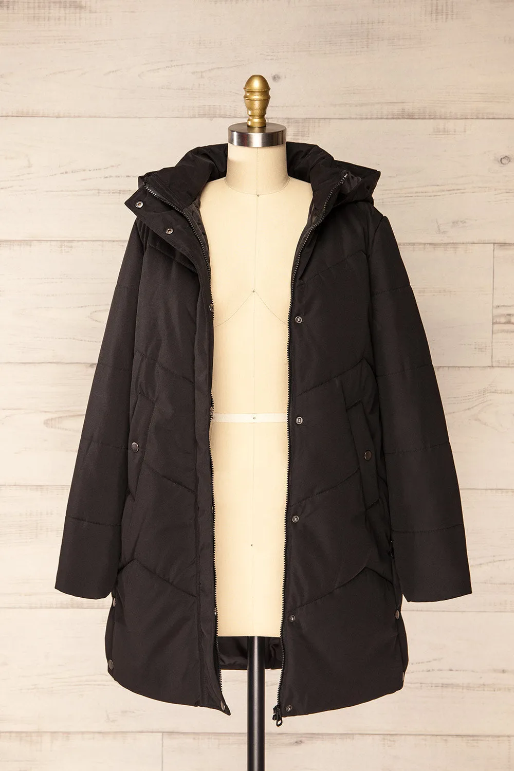 Tuvalu Black | Quilted Coat w/ Side Vents