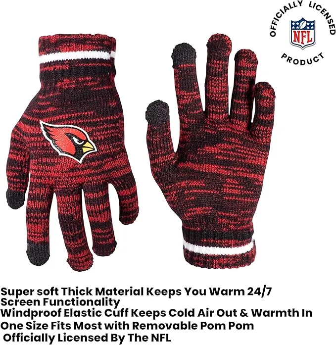 Ultra Game Adults Unisex NFL Official Super Soft Marl Knit Winter Beanie Knit Hat with Extra Warm Touch Screen Gloves|Arizona Cardinals