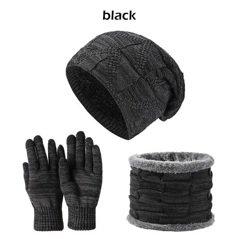 Unisex Winter Beanie Hat Scarf Touchscreen Gloves Set Knit Slouchy Beanie Skull Cap Mittens Circle Scarves | DXBN092