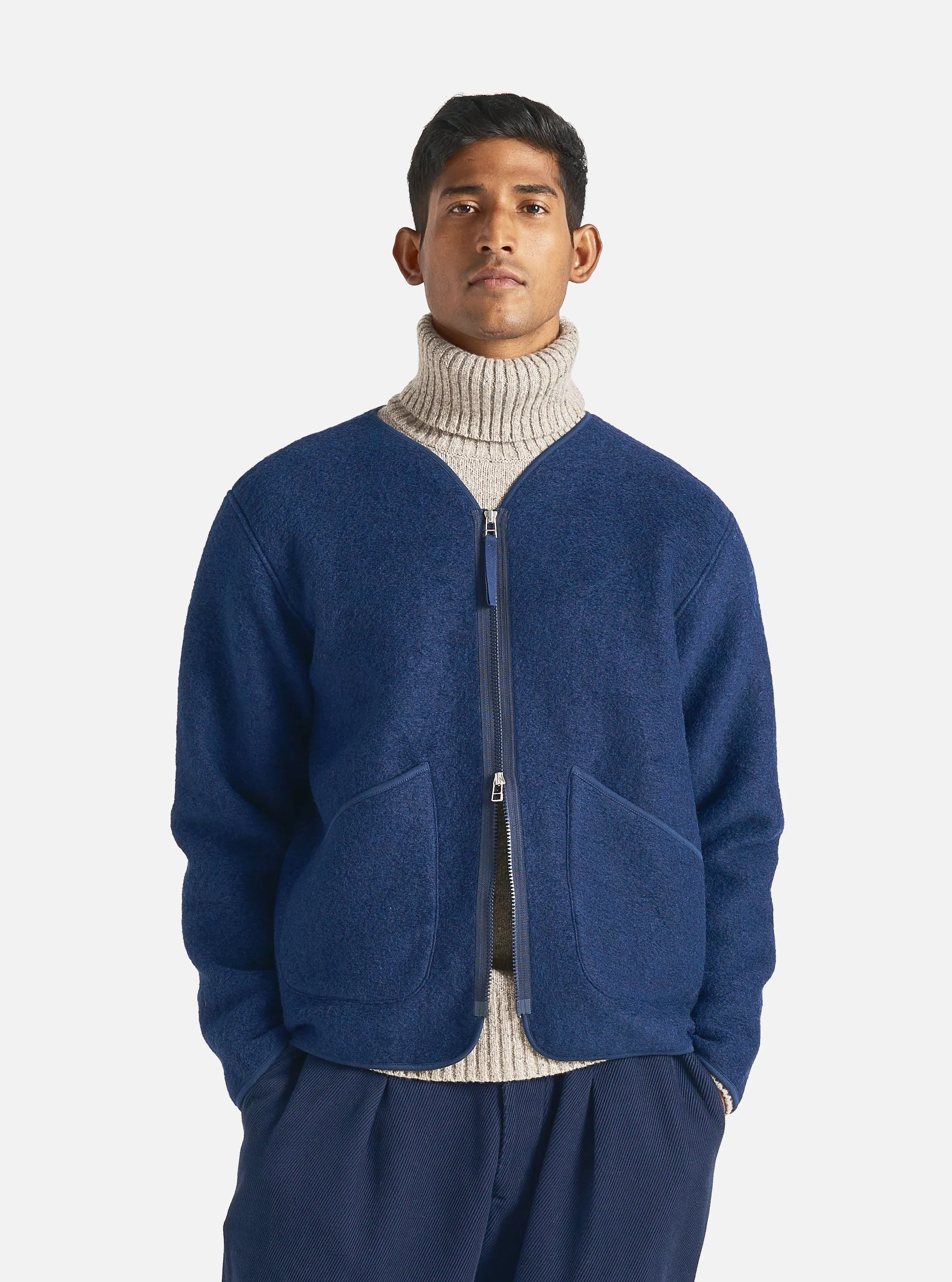 Universal Works Zip Liner Jacket in Indigo Wool Fleece