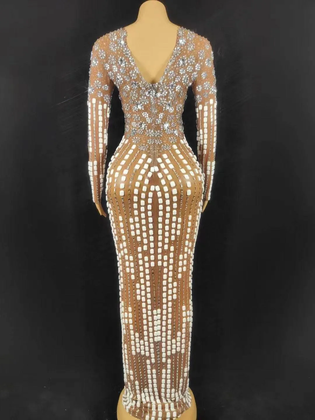 Velma Long Sleeve Rhinestone Embellished Maxi Dress