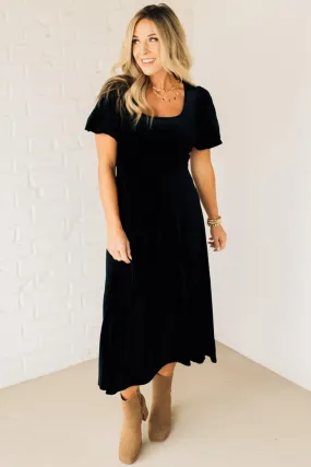 Velvet Puff Sleeve Midi Dress