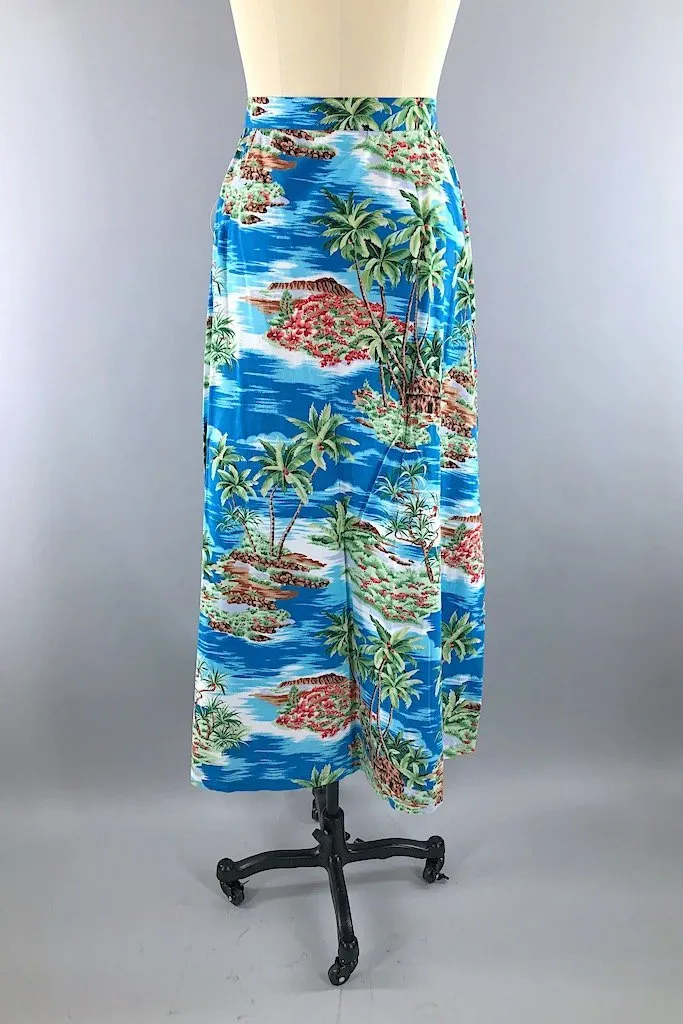 Vintage Blue Hawaiian Print Maxi Skirt