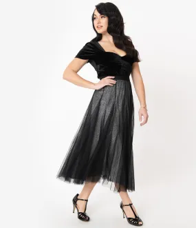 Vintage Style Black Mesh & Silver Glitter Midi Skirt