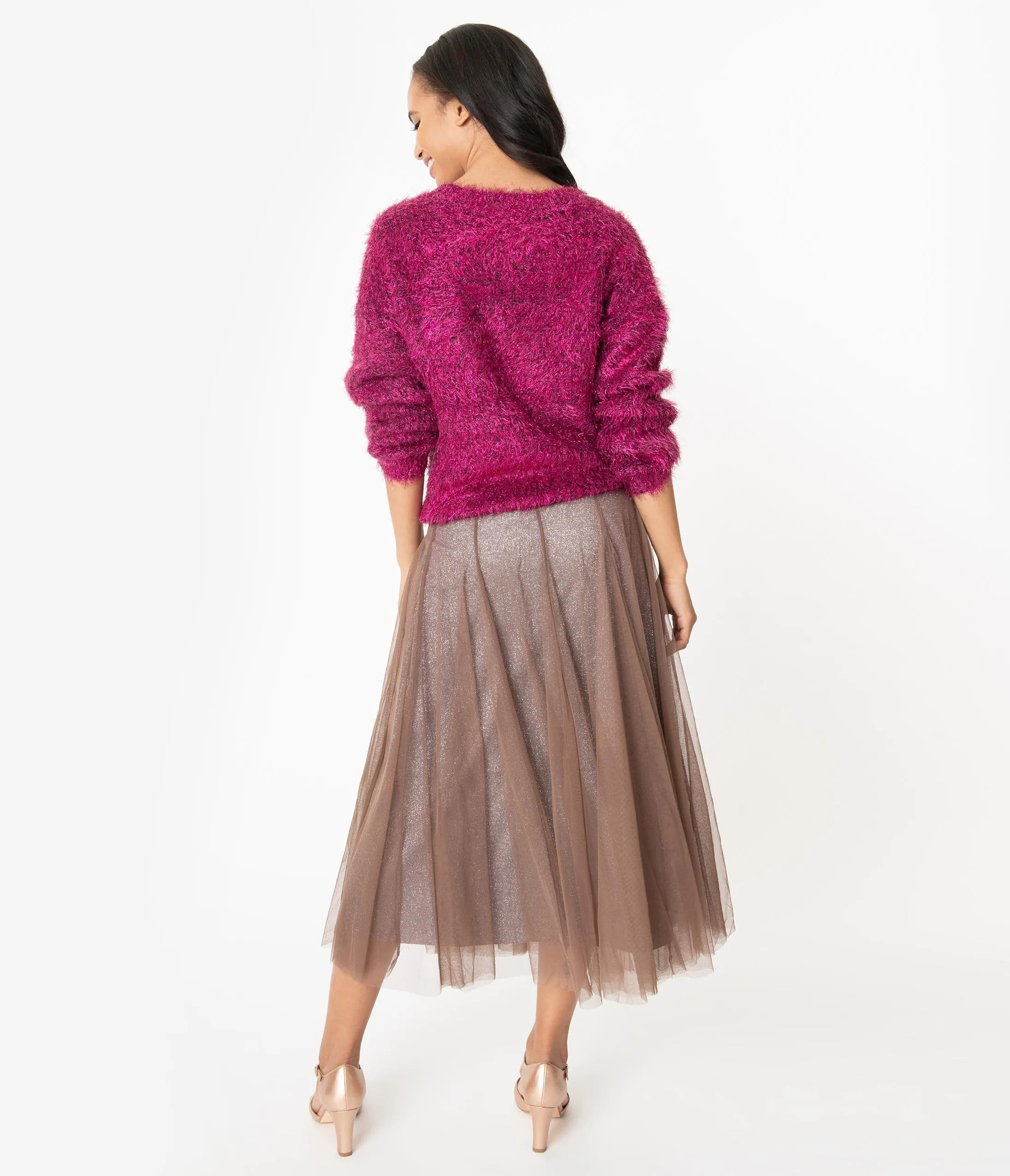 Vintage Style Brown Mesh & Purple Glitter Midi Skirt