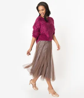 Vintage Style Brown Mesh & Purple Glitter Midi Skirt