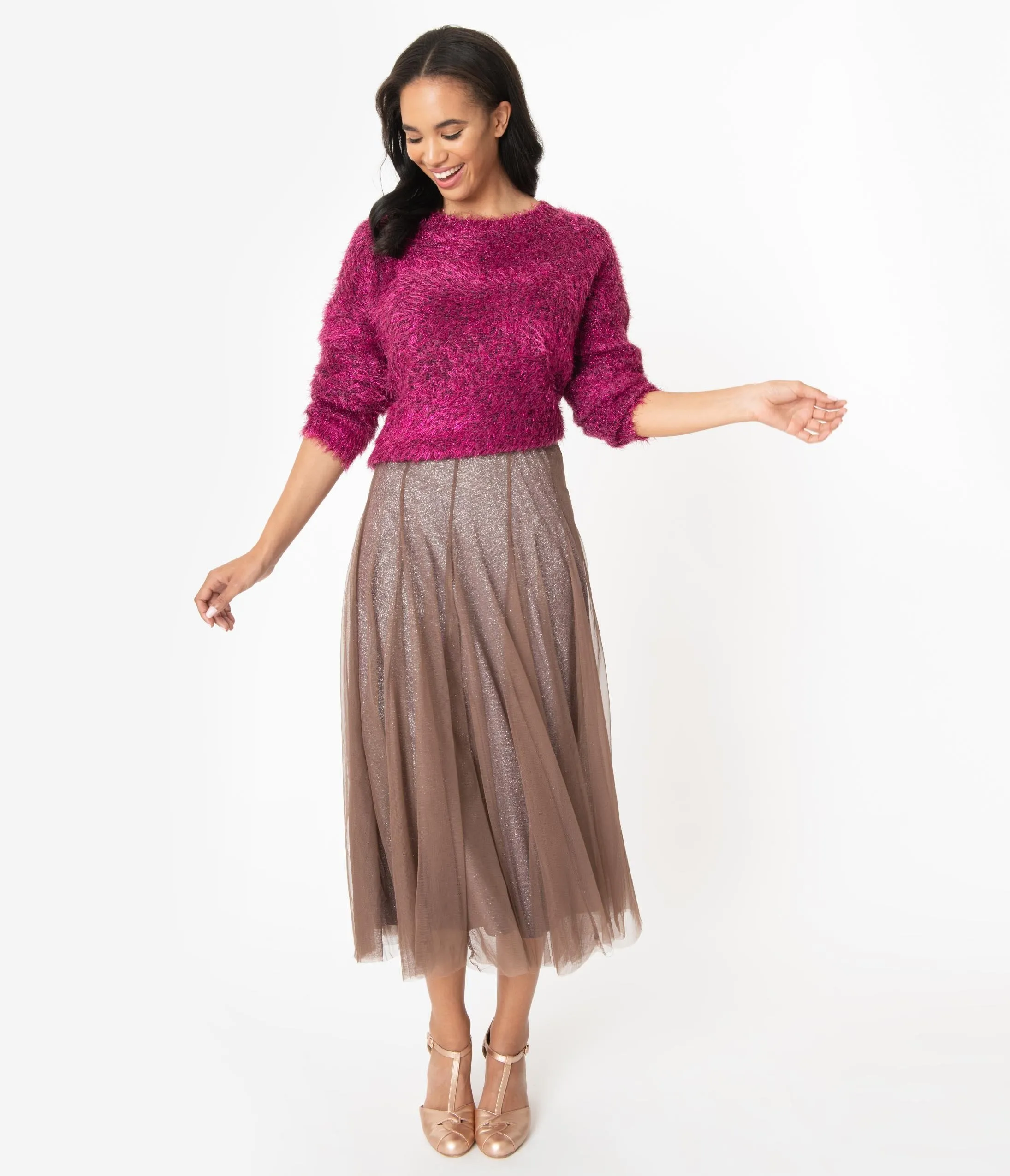 Vintage Style Brown Mesh & Purple Glitter Midi Skirt