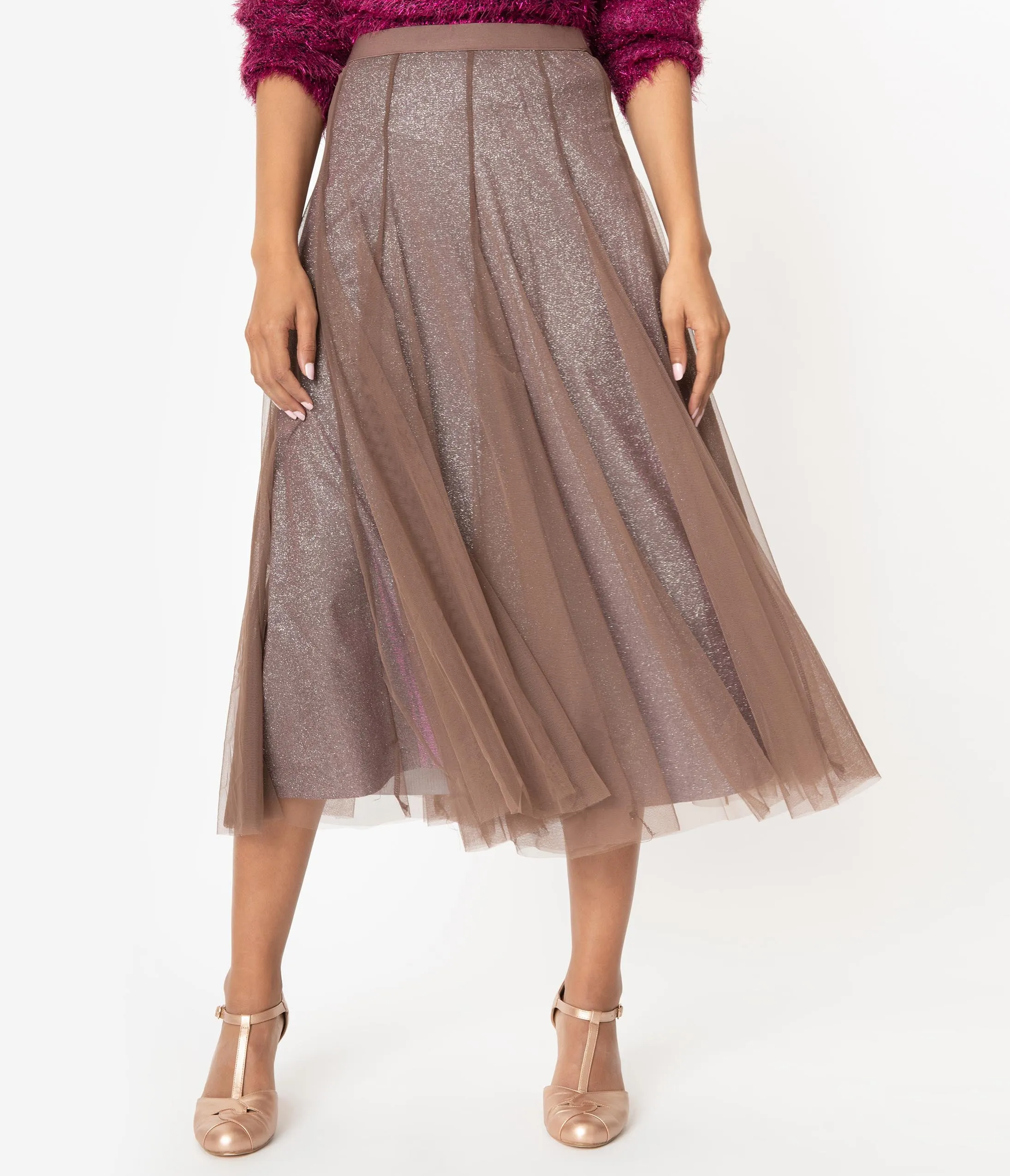 Vintage Style Brown Mesh & Purple Glitter Midi Skirt