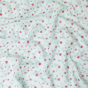 Vista green cotton voile fabric with olive green, crimson red and baby pink embroidery in floral design-D11084