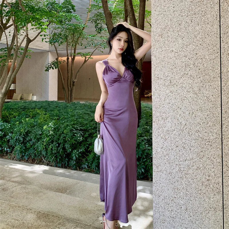 Wenkouban dress to impress codes Bridal Morning Gown Purple Wedding Satin Backless Dress Women's Niche Light Dress Engagement License Fishtail Evening Dress