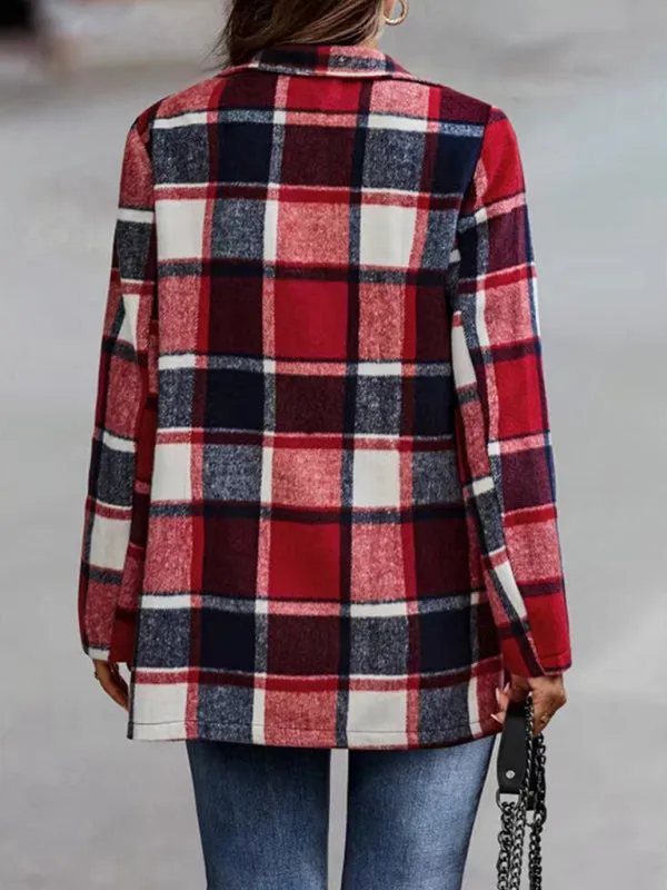 Wenkouban-Winter outfits ideas Loose Plaid Printed Long Sleeve Pocket Wool Jacket Cardigan