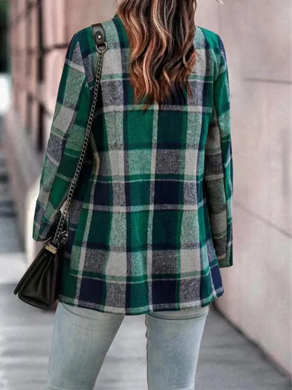 Wenkouban-Winter outfits ideas Loose Plaid Printed Long Sleeve Pocket Wool Jacket Cardigan