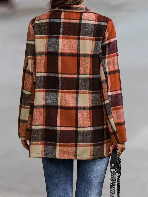 Wenkouban-Winter outfits ideas Loose Plaid Printed Long Sleeve Pocket Wool Jacket Cardigan