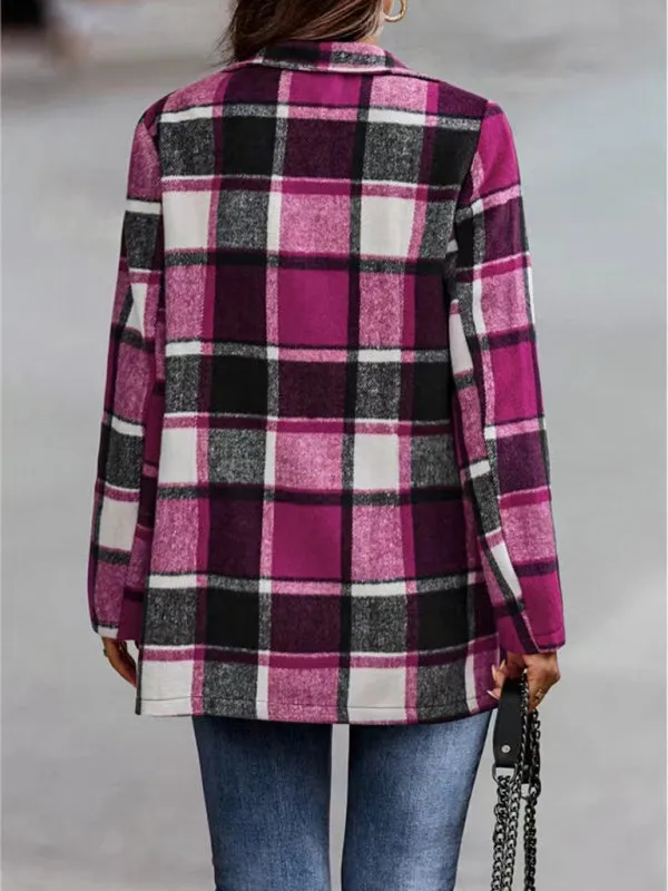 Wenkouban-Winter outfits ideas Loose Plaid Printed Long Sleeve Pocket Wool Jacket Cardigan