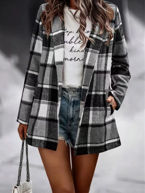 Wenkouban-Winter outfits ideas Loose Plaid Printed Long Sleeve Pocket Wool Jacket Cardigan