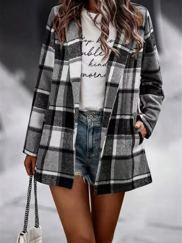 Wenkouban-Winter outfits ideas Loose Plaid Printed Long Sleeve Pocket Wool Jacket Cardigan