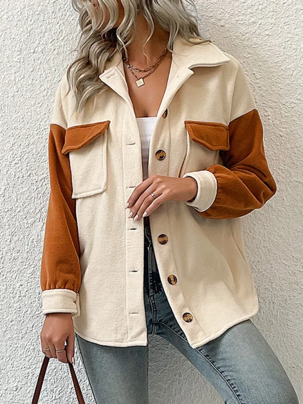 Wenkouban-Winter outfits ideas Women's fashion lapel color-block long-sleeved polar fleece jacket