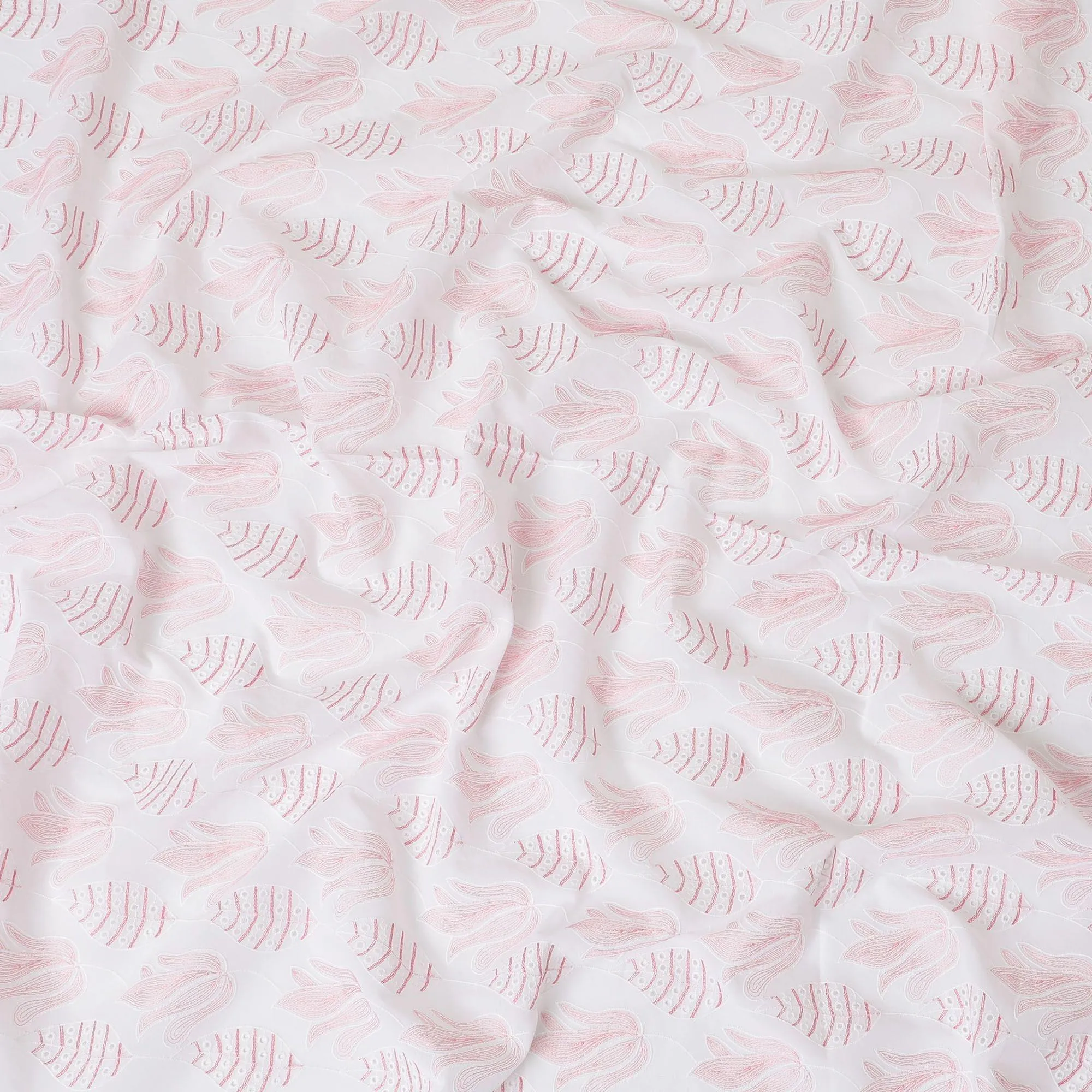 White cotton voile fabric with same tone, crimson red and baby pink embroidery in Leaf design-D9773