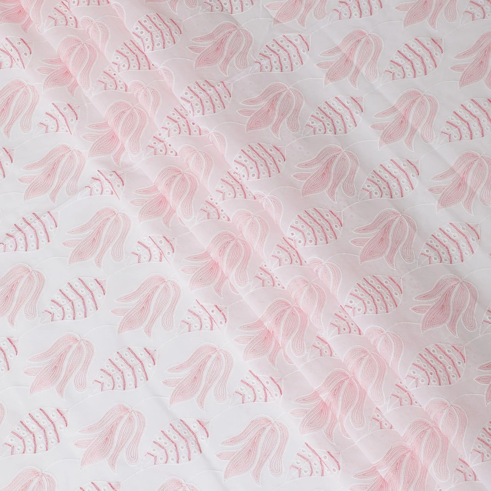 White cotton voile fabric with same tone, crimson red and baby pink embroidery in Leaf design-D9773