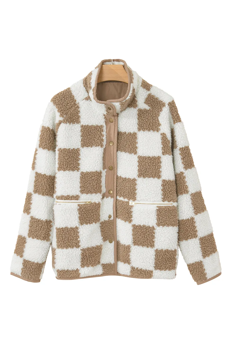 Women Plaid Fleece Jacket Snap Button Up Sherpa Winter Coats