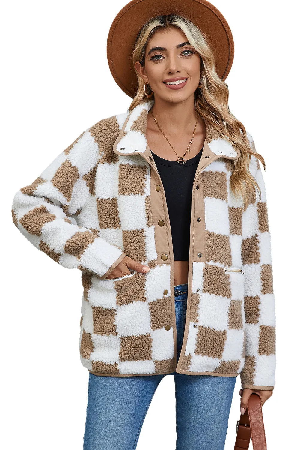 Women Plaid Fleece Jacket Snap Button Up Sherpa Winter Coats