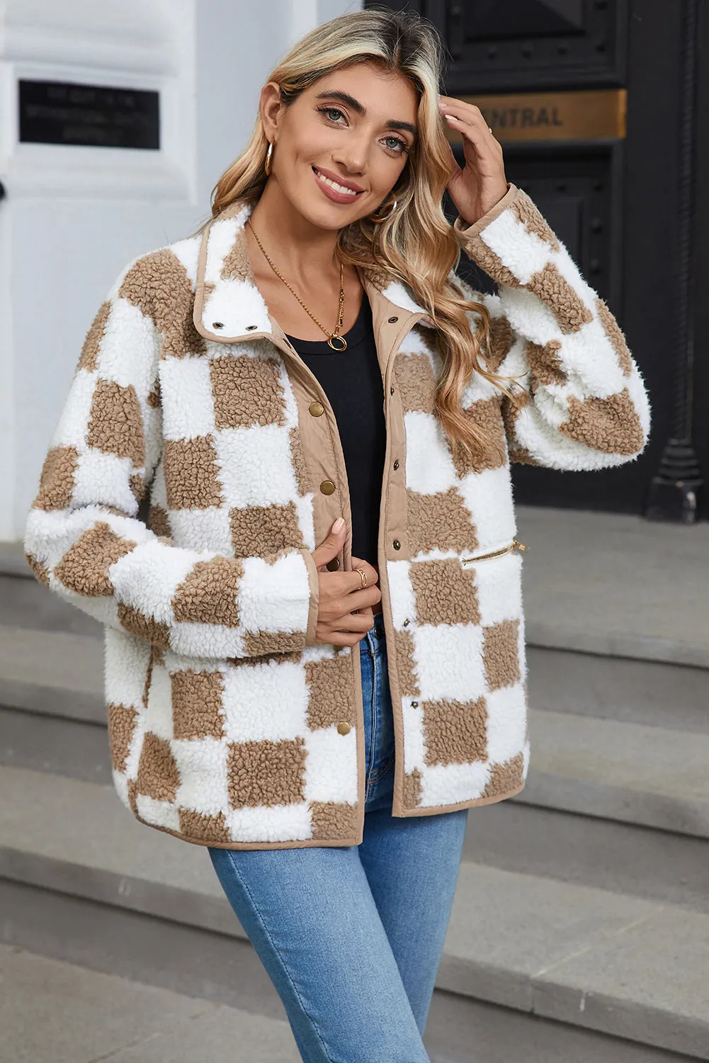 Women Plaid Fleece Jacket Snap Button Up Sherpa Winter Coats