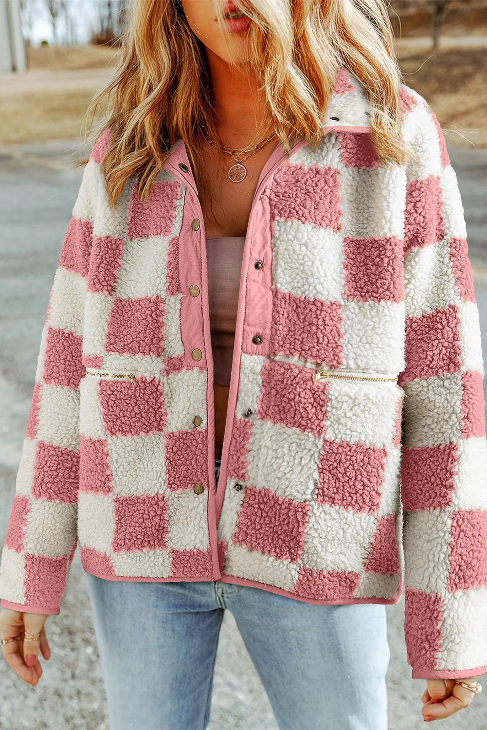 Women Plaid Fleece Jacket Snap Button Up Sherpa Winter Coats