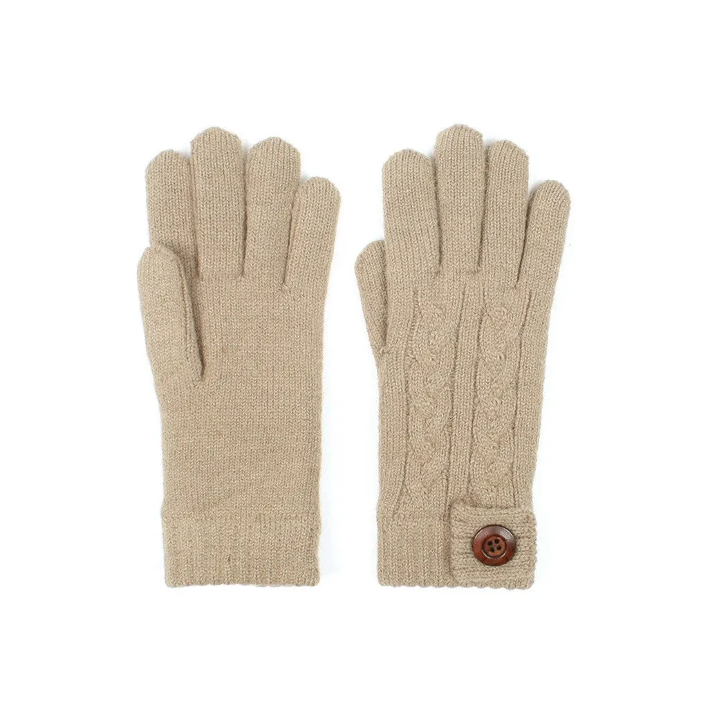 Womens Cable Knit Winter Gloves with Wooden Button Lined