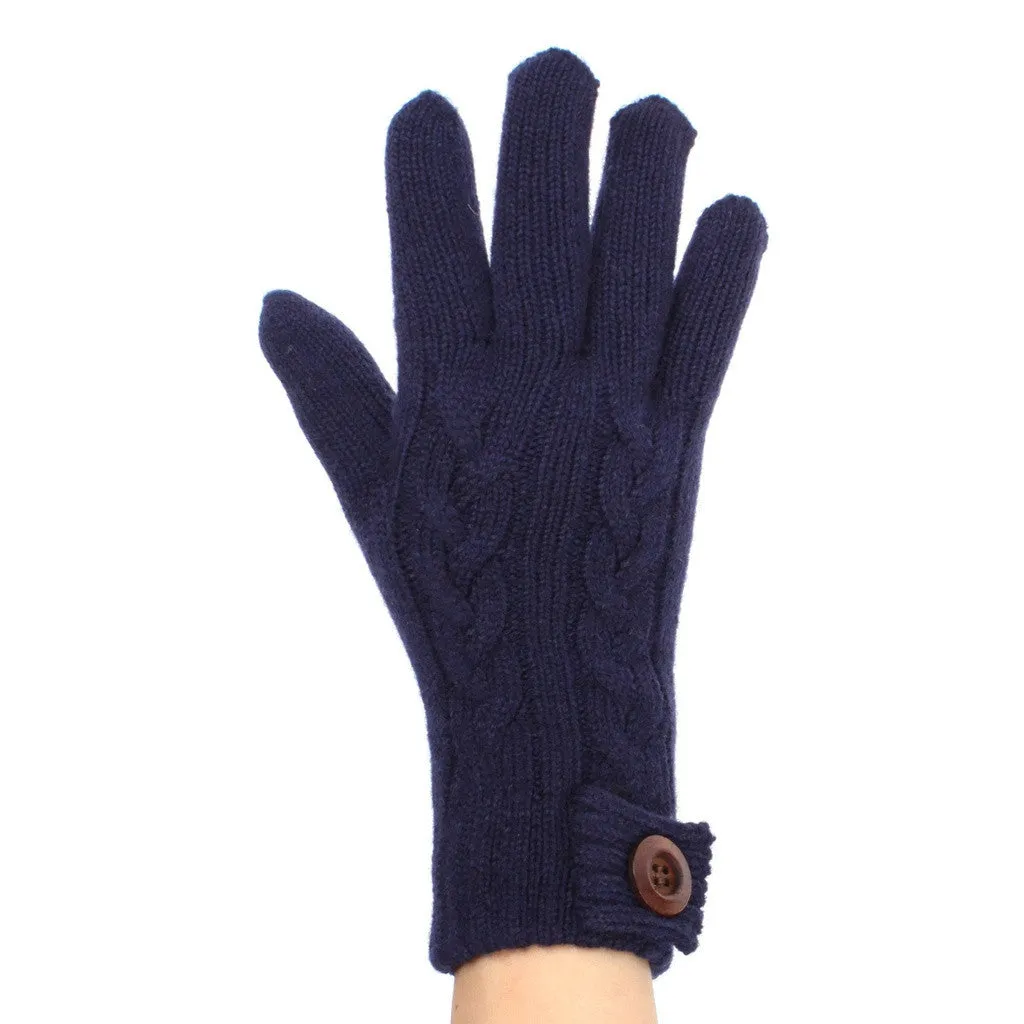 Womens Cable Knit Winter Gloves with Wooden Button Lined